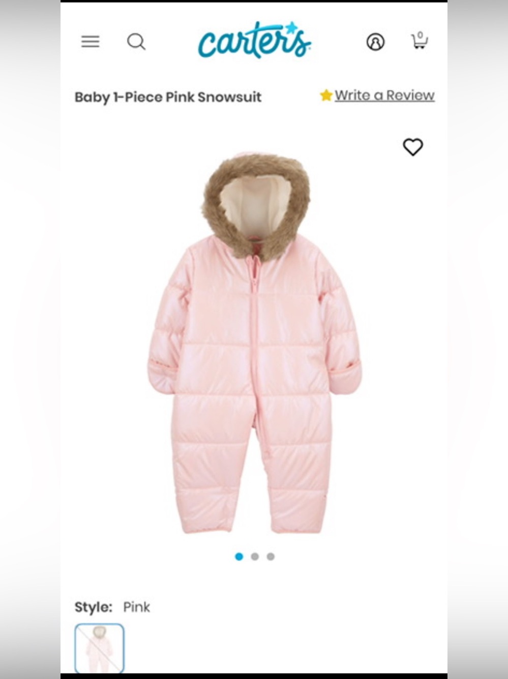 CARTER’S (OSHKOSH) 1-Piece Baby Snow Suit Pink 12 Months Toddler Snowpants